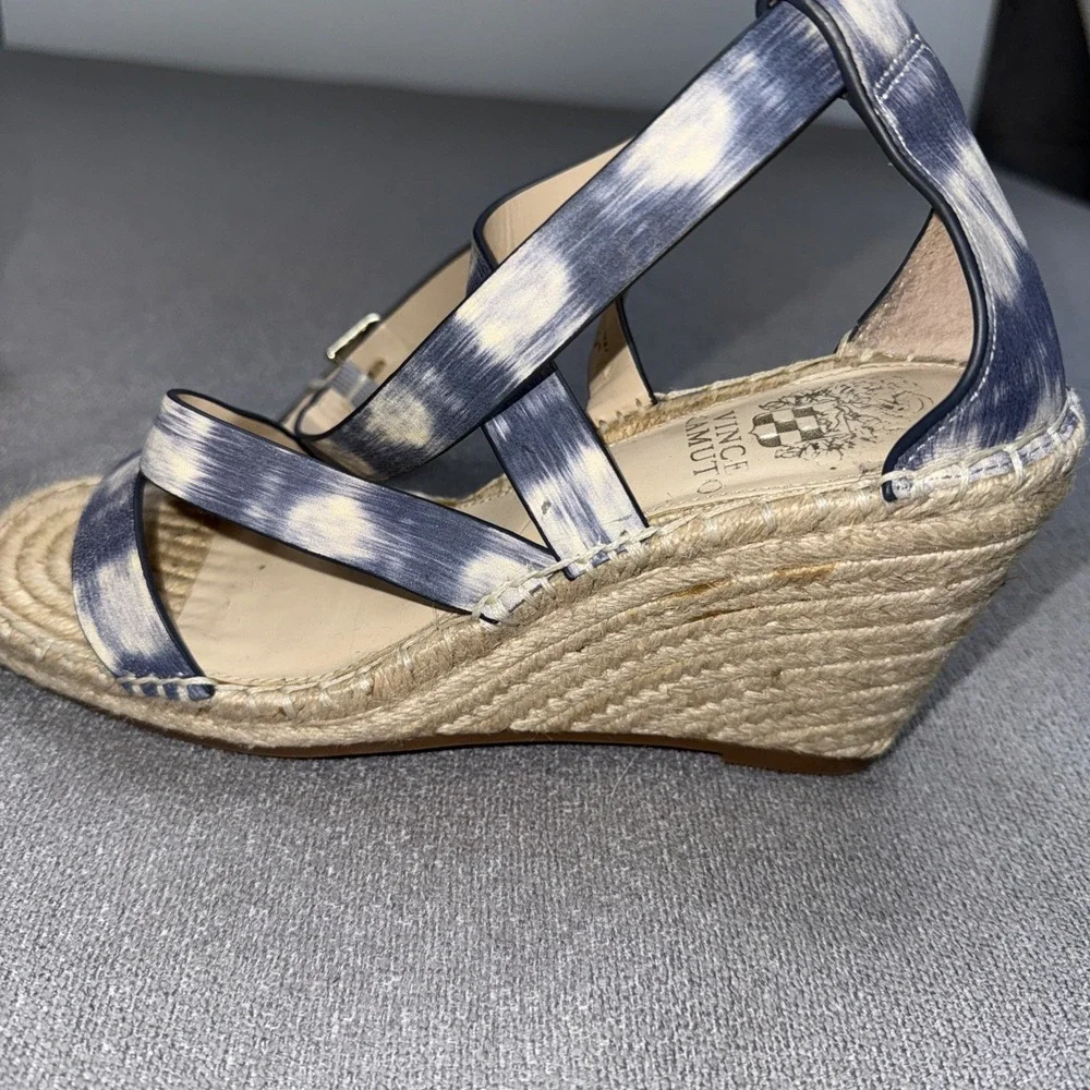 Vince Camuto Sandal Womens 7.5 Leddy Navy Espadrille Wedge Heel Ankle Wrap Suede